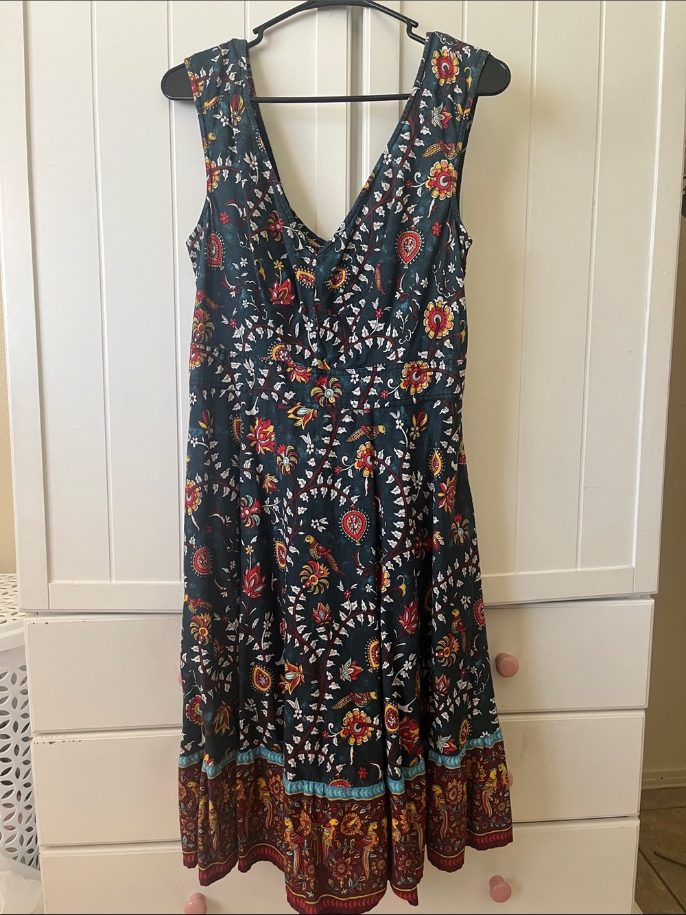 Eshakti Multicolor Floral & Bird Print v-Neck Dress, Dark Green Large 14